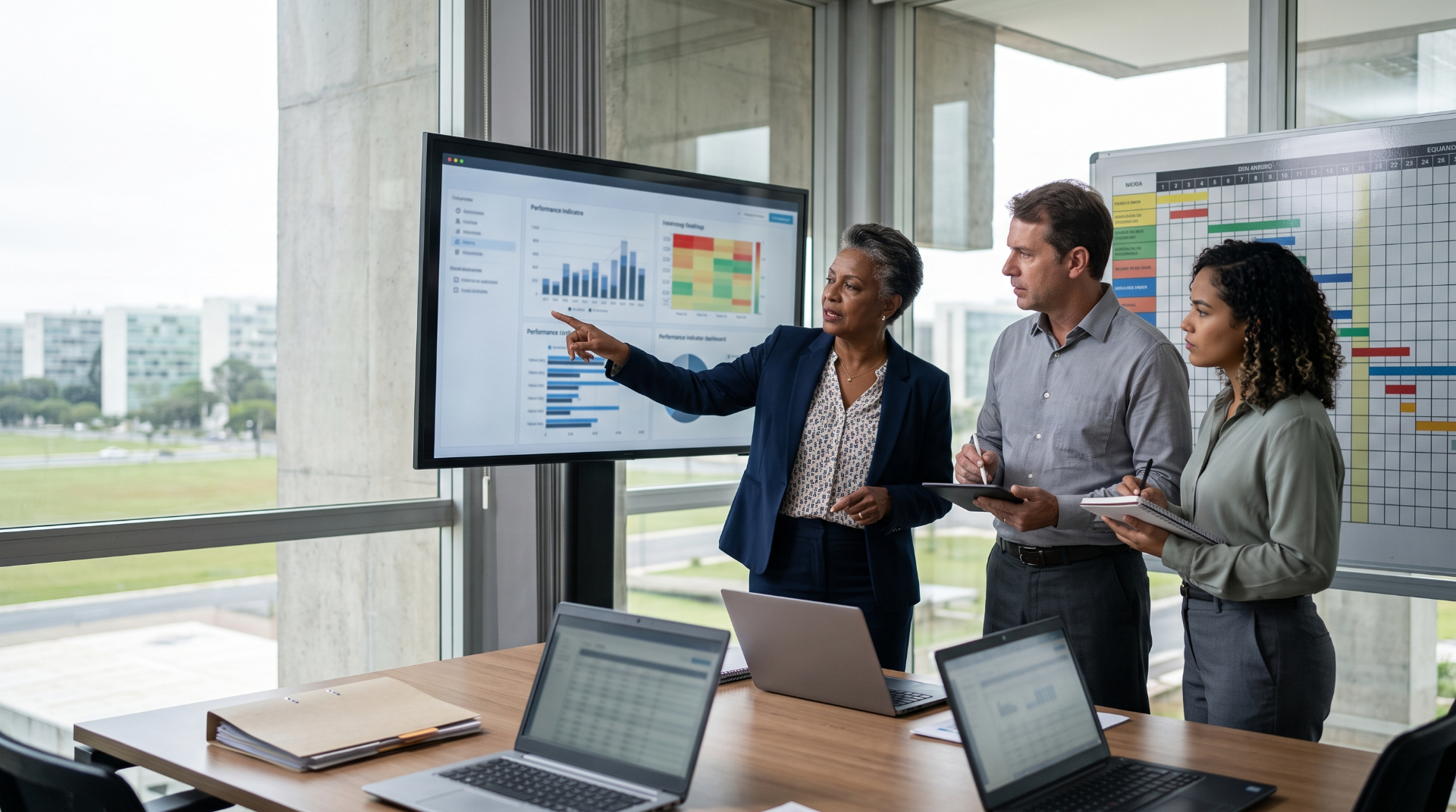 Gestores públicos analisando indicadores de desempenho em dashboards
